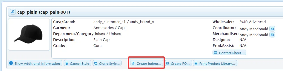 Create Indent button on Style record