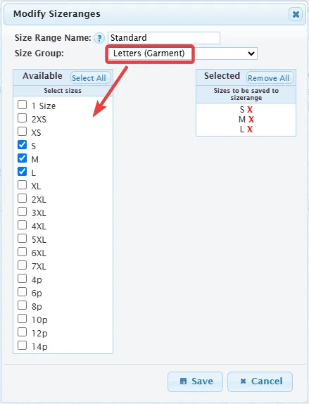 Selecting the Size Range for a Style